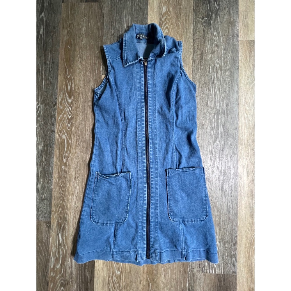 Sharagan Denim Mini Dress Women 6 Blue Sleeveless Zip Front Pocket Western Y2K